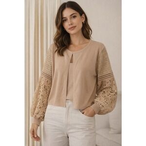 Siani Milano Cardigan Sweater Womens Size XL Flax Tan Open Lace Sleeves‎ Modest